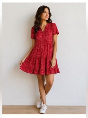 Beach Lunch Lounge Red Floral Tiered Dress Flutter Sleeves Boho Cottagecore XL